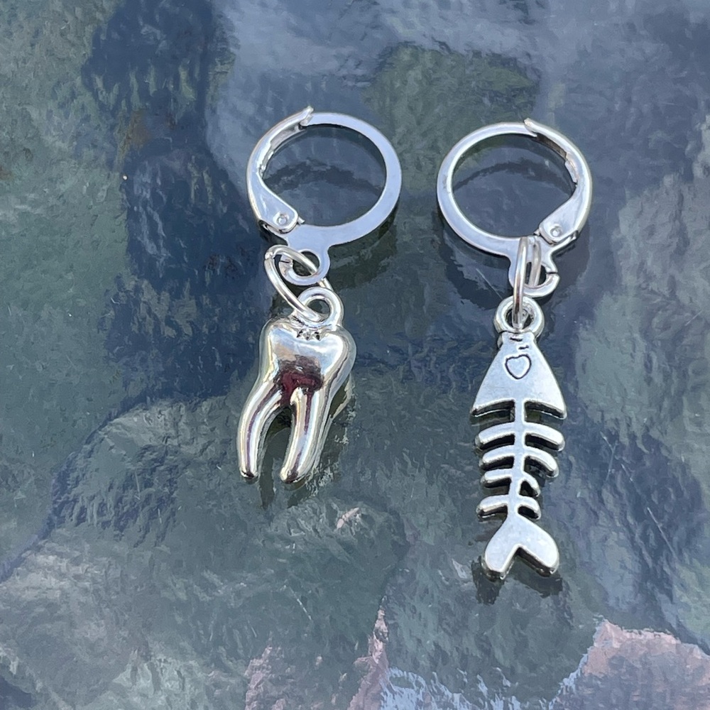 Handmade Silver Y2k Tooth Fishbone Hoop Earrings , Punk Goth
